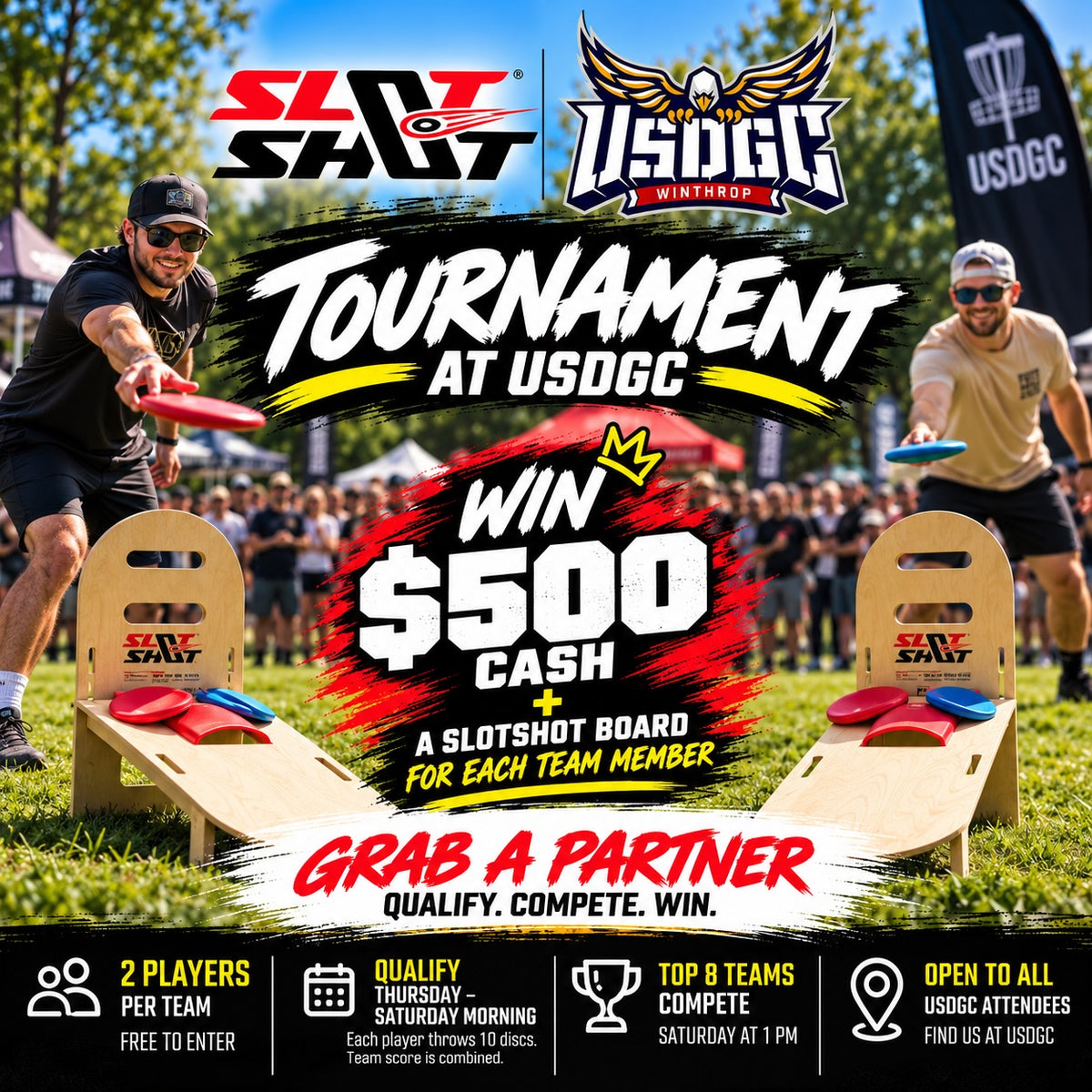 Promotional graphic for a USDCGC Winthrop Tournament at the park, featuring two men playing a disc golf game with wooden boards and red/blue discs. Large text advertises a $500 cash win and includes logos for SLR Sports and USDCGC Winthrop.