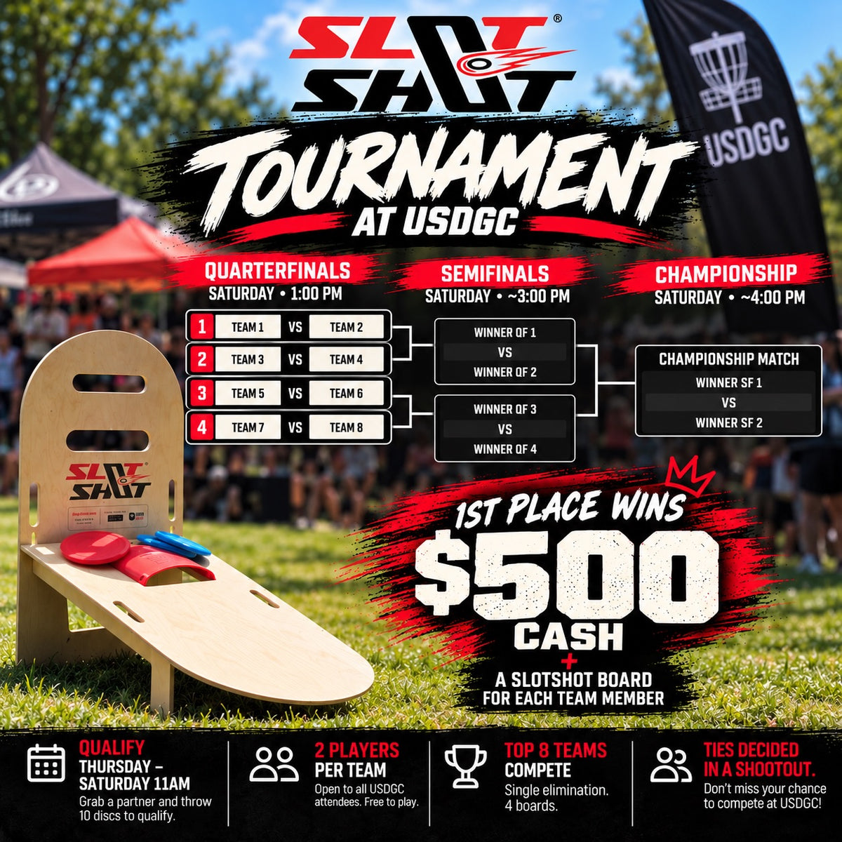 Promotional graphic for the SlotShot Tournament at USDC, featuring a wooden SlotShot disc golf disc and SlotShot board on a grassy field. The graphic includes event details, a bracket, cash prize, and participation information.